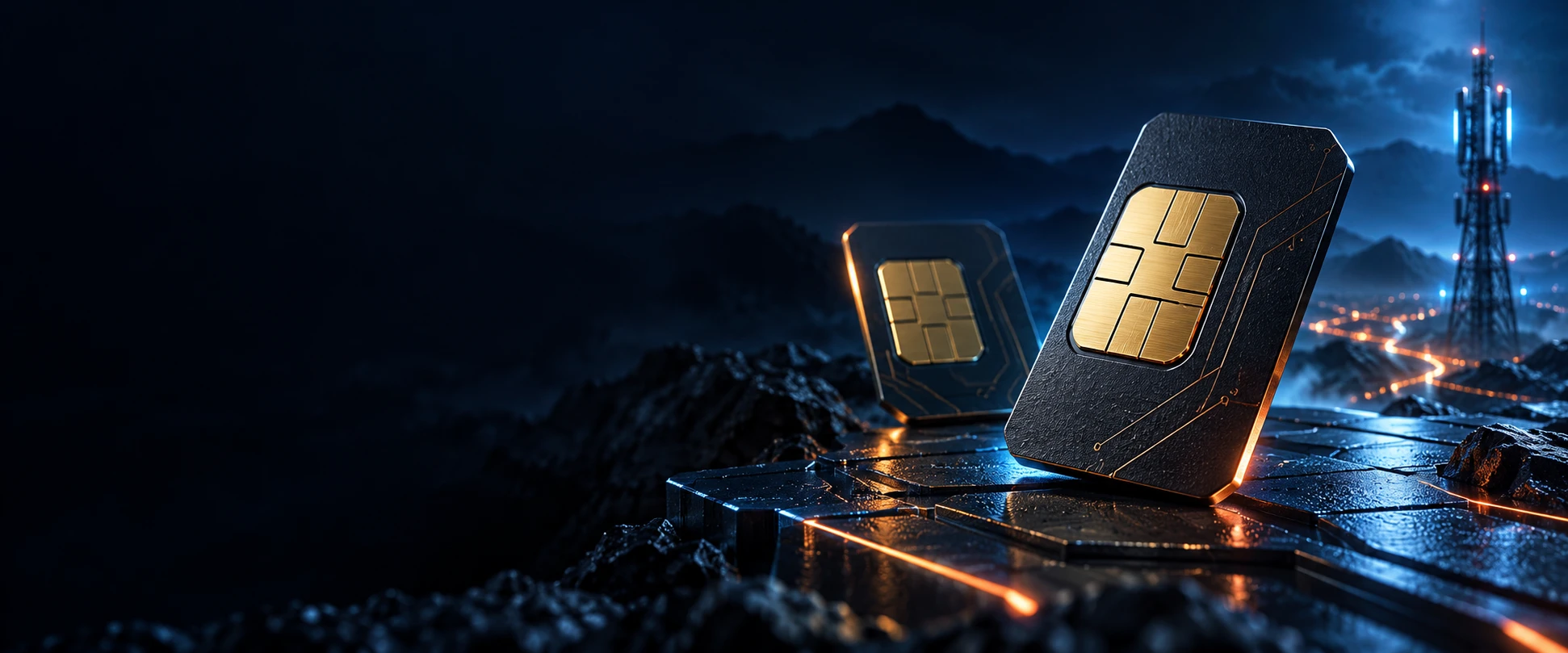 Cellular SIM cards with blue and orange lighting
